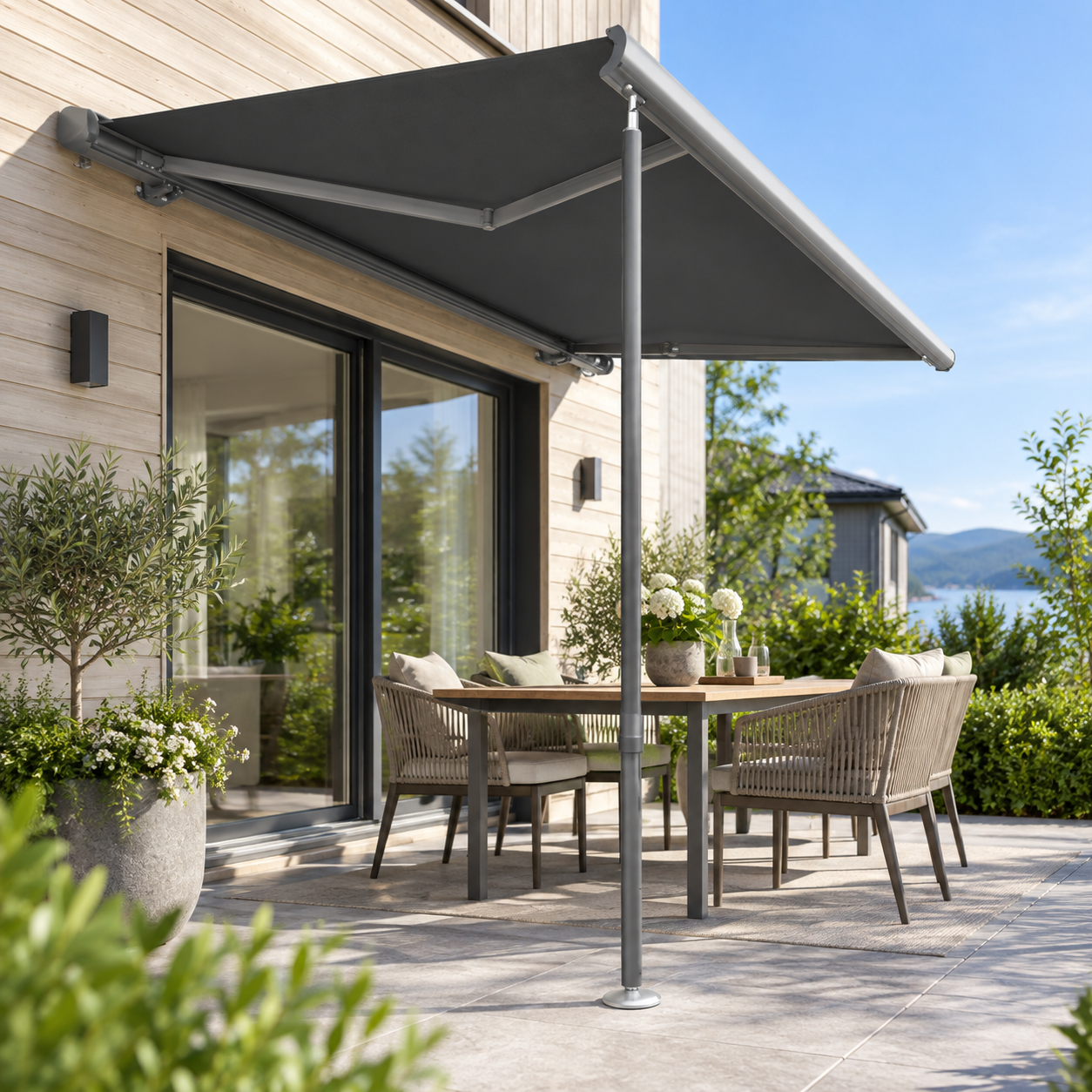 Support leg for terrace awning