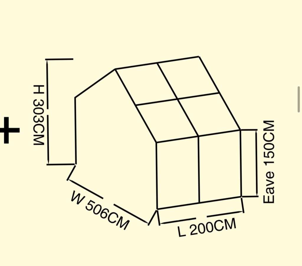A diagram of a shed with measurements. Forlenger modul Trondheim 200x505x303cm