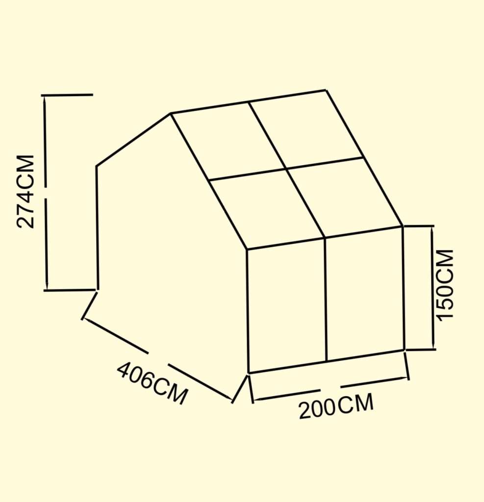 A diagram of a cube with measurements for each side. FORLENGER KRISTIANSAND DRIVHUS 200x406cm