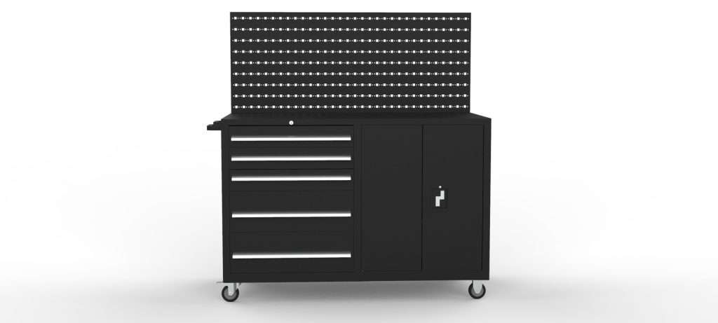 A black tool cabinet with drawers and a shelf. Komplett verktøyvogn med verktøytavle. Kaiser 98