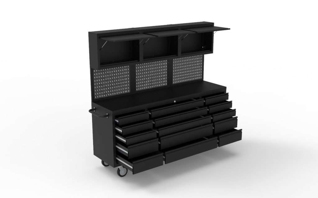 A black tool cabinet with drawers and shelves.
