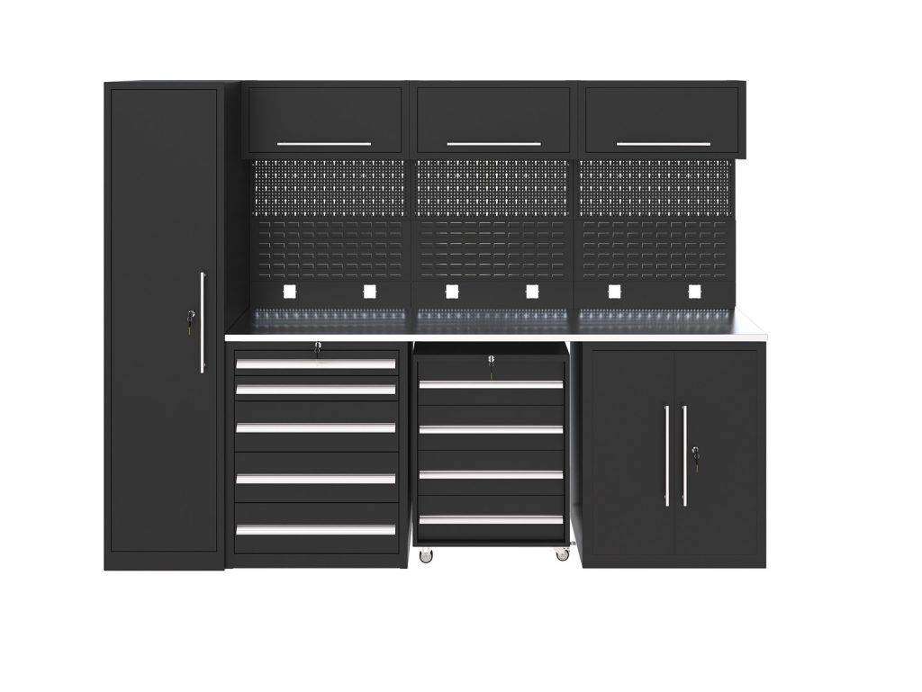 A black tool cabinet with drawers and shelves. Garasjeinnredning | Komplett Oppbevaringssystem. Kaiser 96