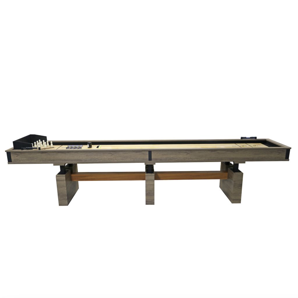 A shuffleboard table with a wooden bench.