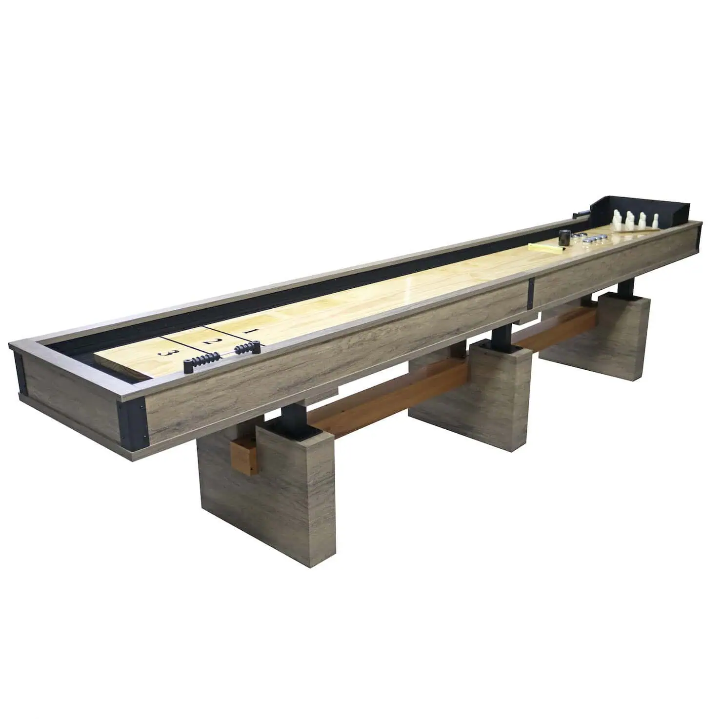 A shuffleboard table with two bowling balls on it. Kaiser 12ft Boston Shuffleboard