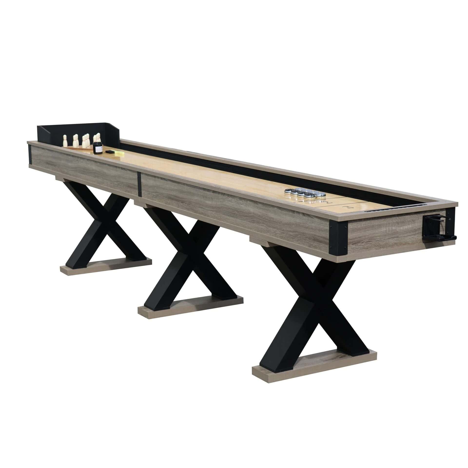A shuffleboard table with two black legs. Kaiser 12ft Miami deluxe shuffleboard