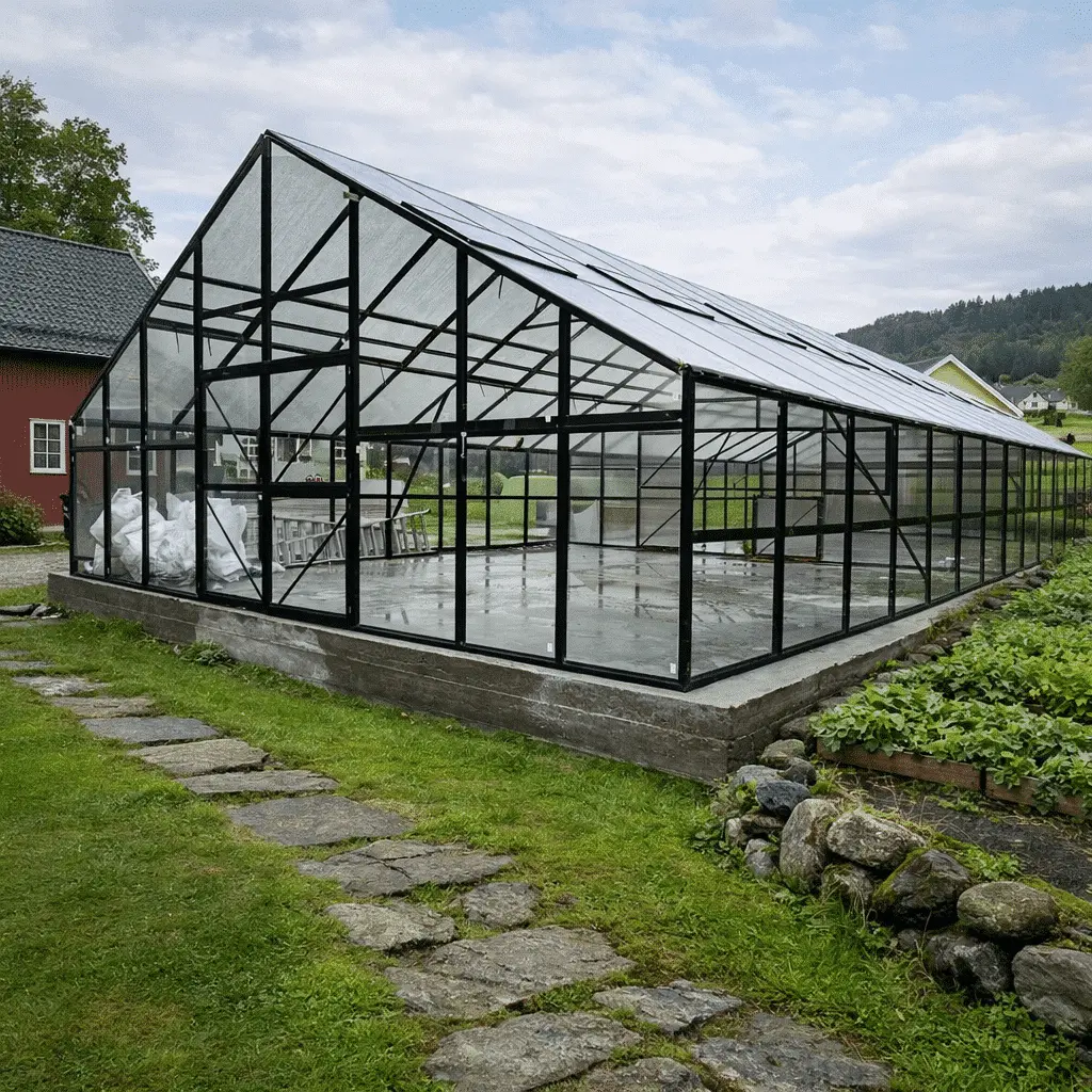 Drivhus. Drivhus for nordisk klima. stormsikkert drivhus
