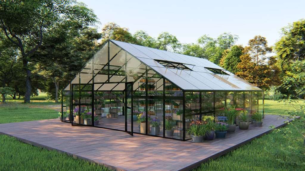A greenhouse with a glass roof and a wooden deck.