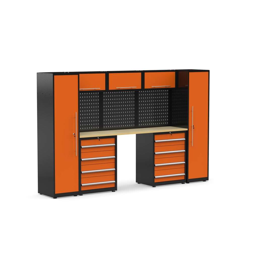 An orange and black workbench with drawers. Lekker komplett garasjeinnredning - Oransje/Svart. Kaiser 106
