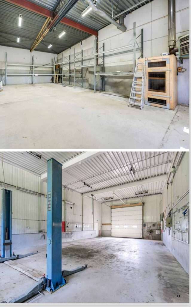 Two pictures of a warehouse with a large open space.