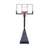 A basketball hoop on a stand with a basketball net.