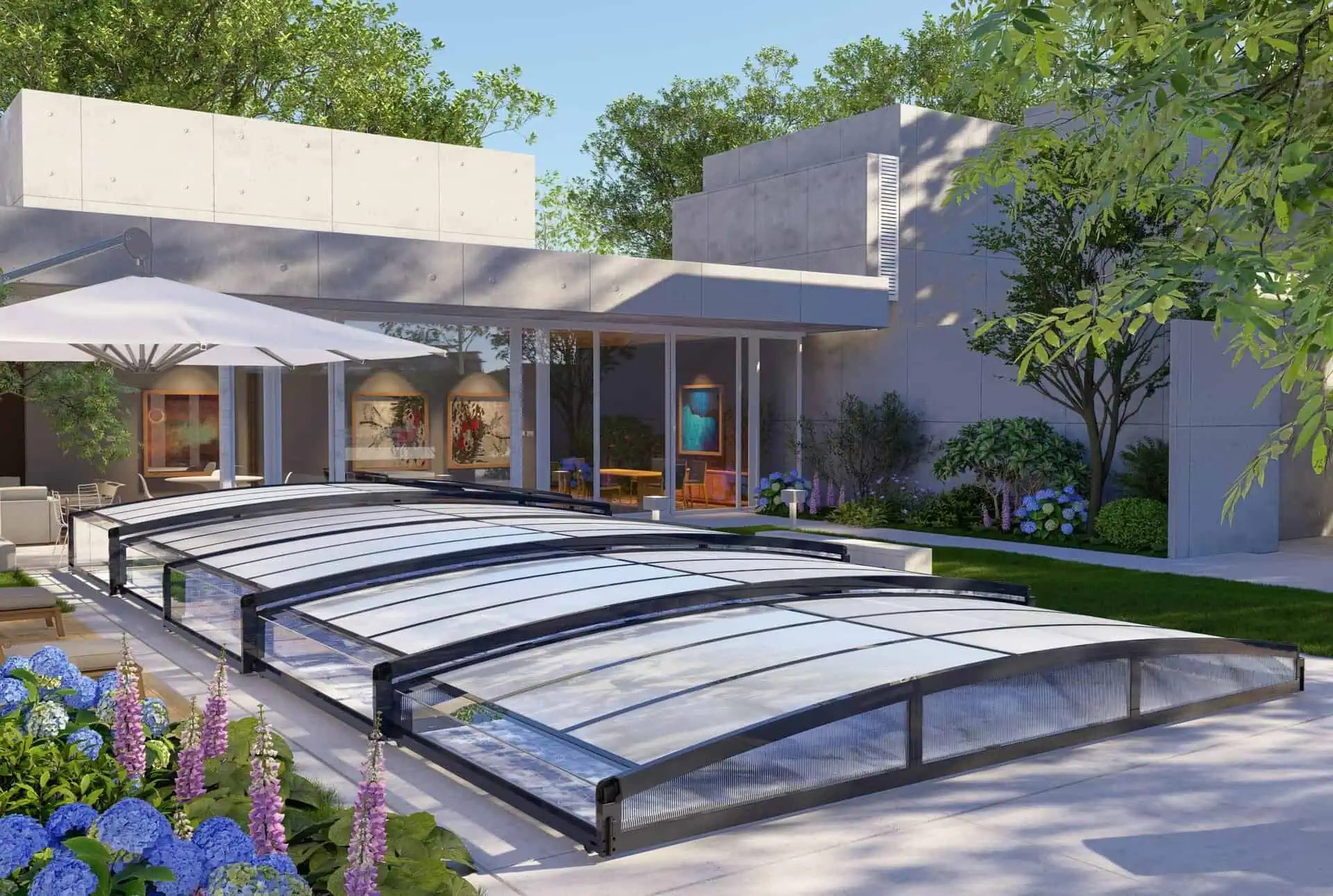 A modern home with a glass roof and patio. Poly bassengoverbygg 5x10 meter