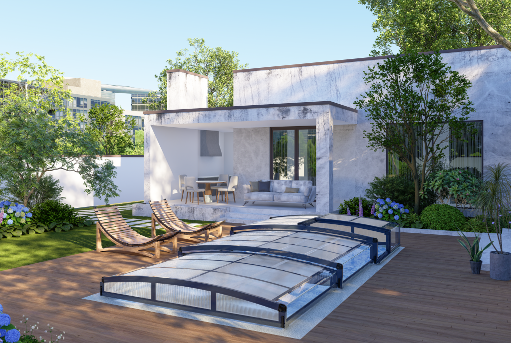 A 3d rendering of a modern house with a pool.