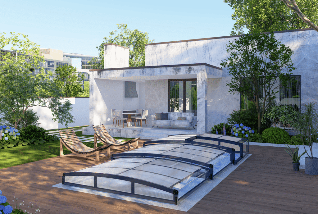 A 3d rendering of a modern house with a pool.