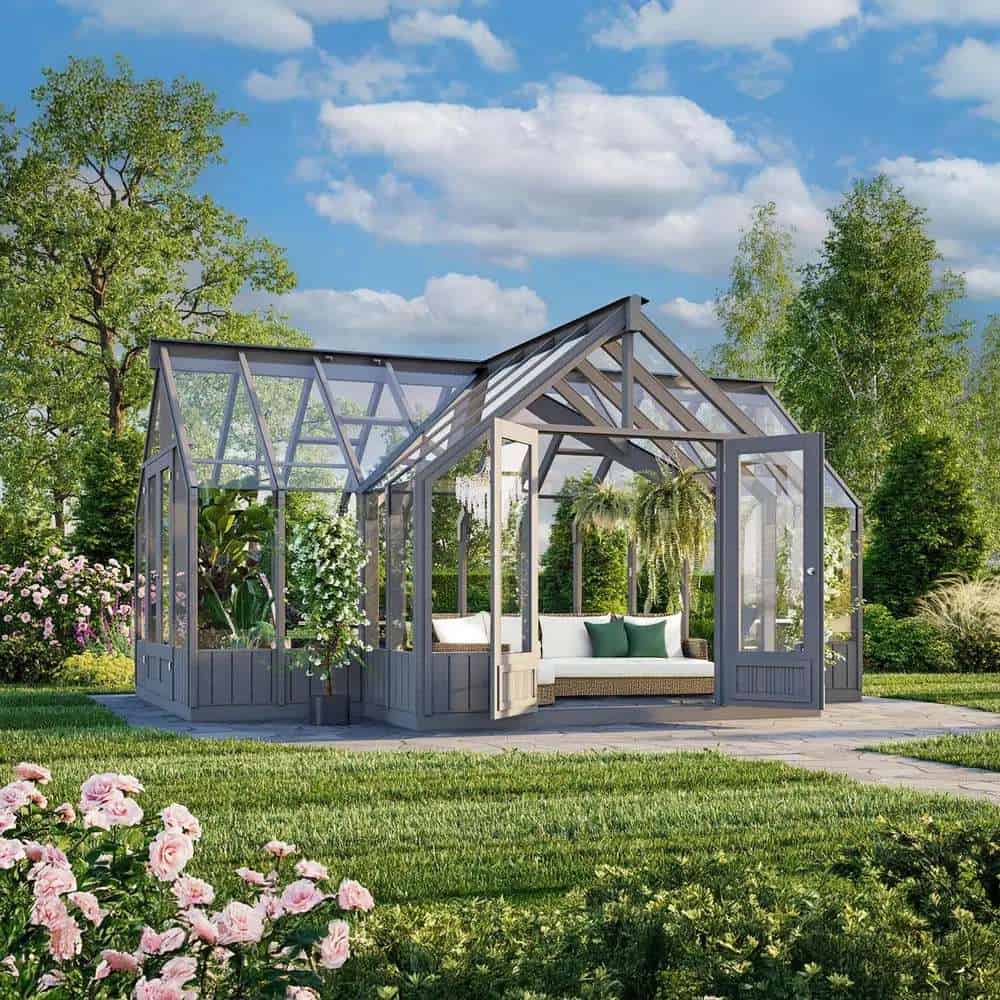 A small greenhouse with a bench and a bench. Greenhouse Emilia 19.1 m2 - grey painted 