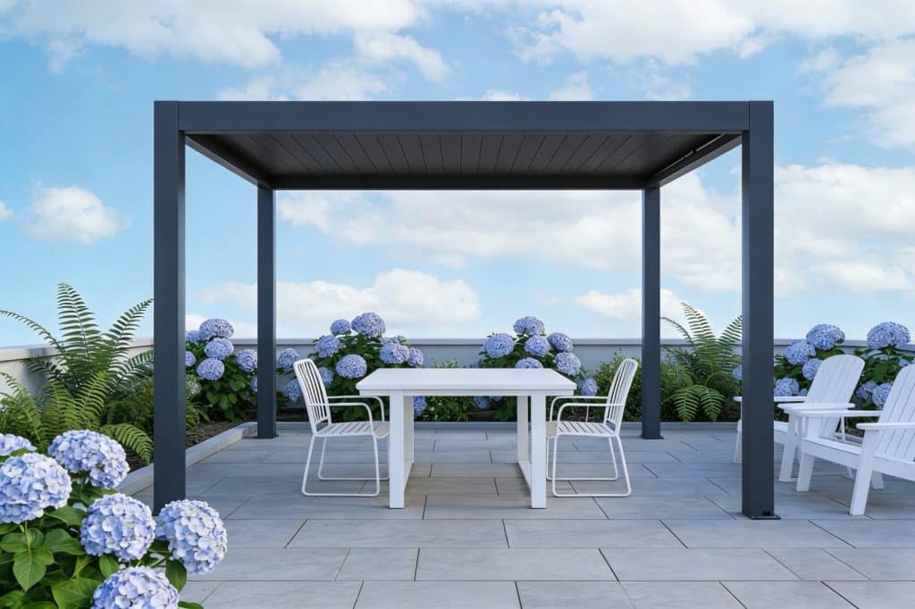 Pergola E8800L 300×300cm – Motorisert aluminiumstak med LED Pergola E8800L 400×400cm – Motorisert aluminiumstak med LED